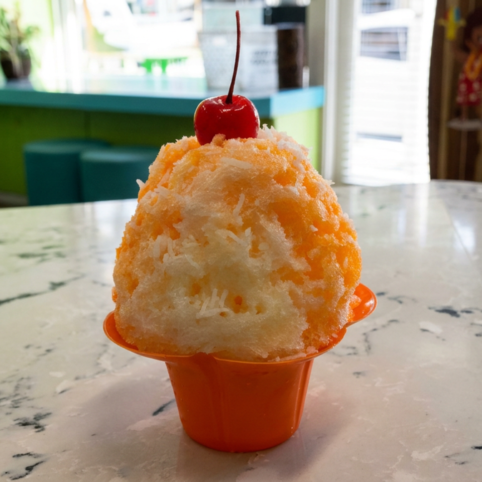 Orange-and-white shaved ice topped with shredded coconut and a red cherry in an orange cup on a marble table.