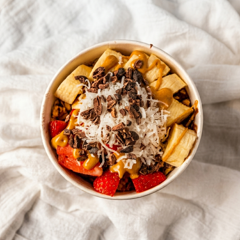 Overhead view of a smoothie bowl topped with shredded coconut, cacao nibs, fruit, granola, and drizzled nut butter.