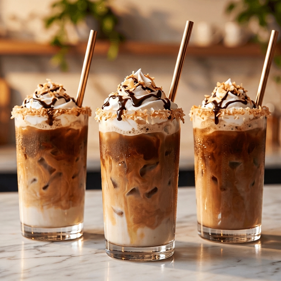 Three iced coffee drinks topped with whipped cream, chocolate drizzle, and chopped nuts on a marble café counter.