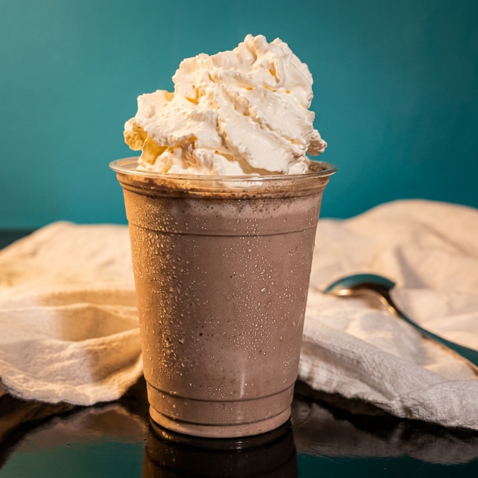 Chocolate milkshake topped with whipped cream in a condensation-covered cup, set against teal backdrop with a spoon and napkin.