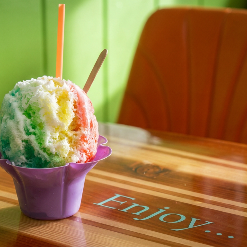 Colorful shaved ice topped with coconut flakes in a purple cup on a wooden table at Enjoy restaurant.