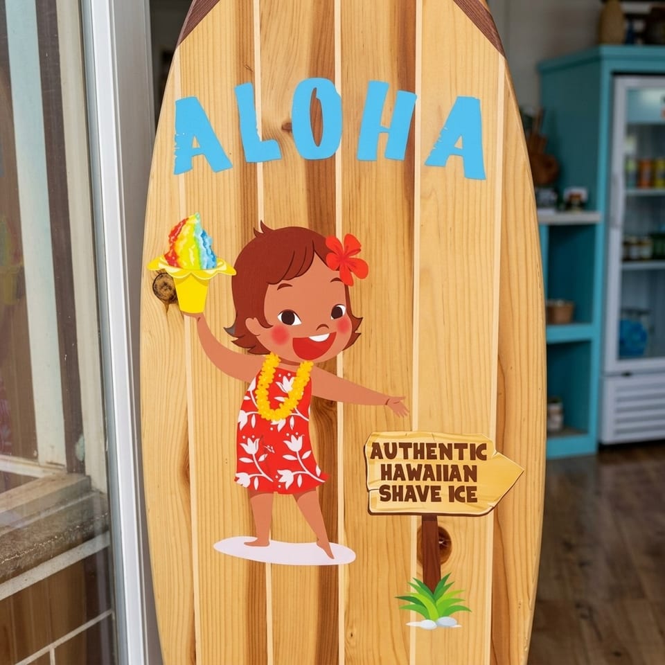 Surfboard-shaped sign featuring a hula girl holding rainbow shaved ice, with “Aloha” and “Authentic Hawaiian Shave Ice” lettering.