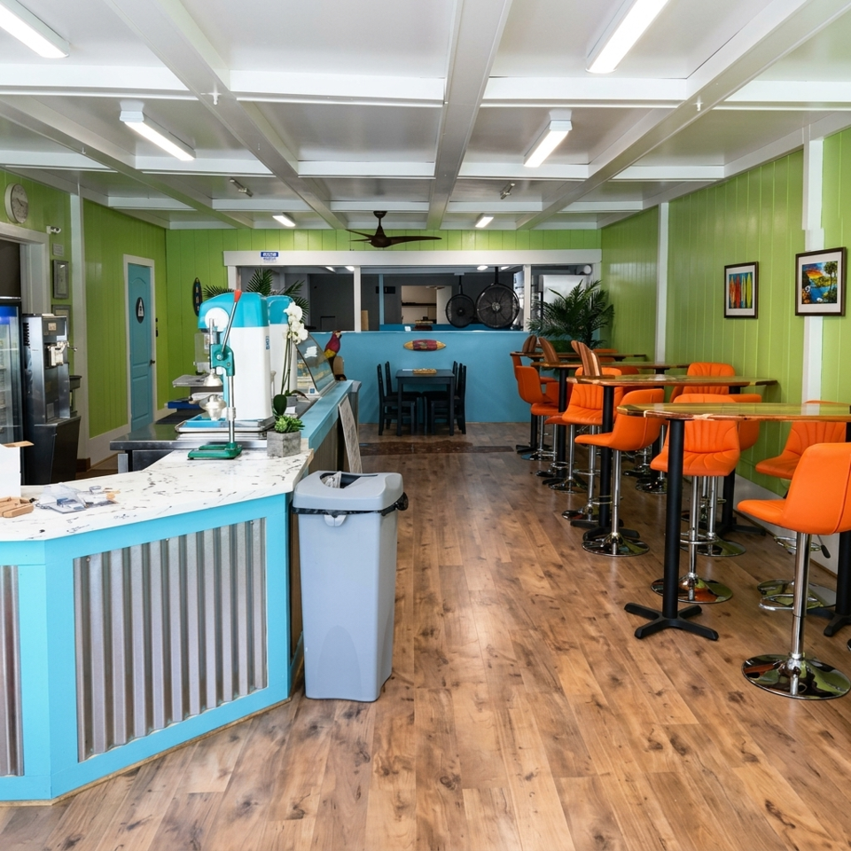 Bright retro restaurant interior with turquoise counter, orange bar stools, green walls, wood flooring, and dining tables.