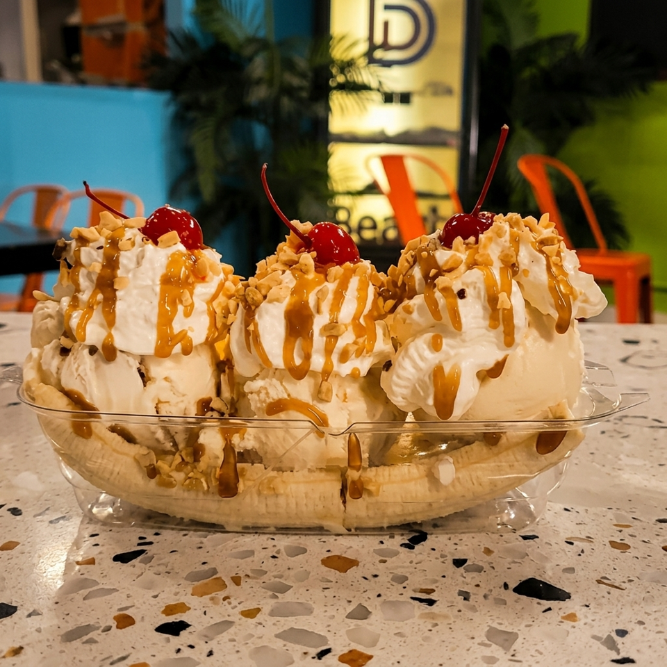 Banana split topped with vanilla ice cream, whipped cream, caramel sauce, chopped nuts, and cherries in a glass dish.
