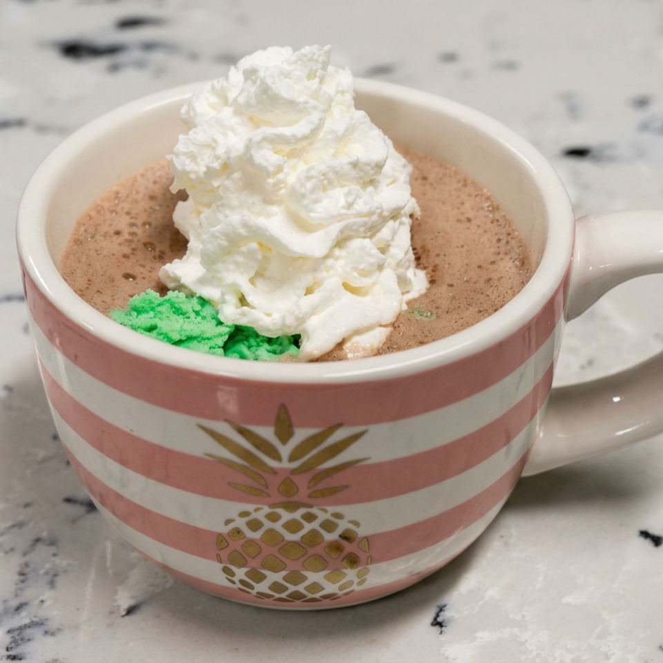 Hot chocolate topped with whipped cream and green sprinkles in a pink striped pineapple mug on a marble countertop.