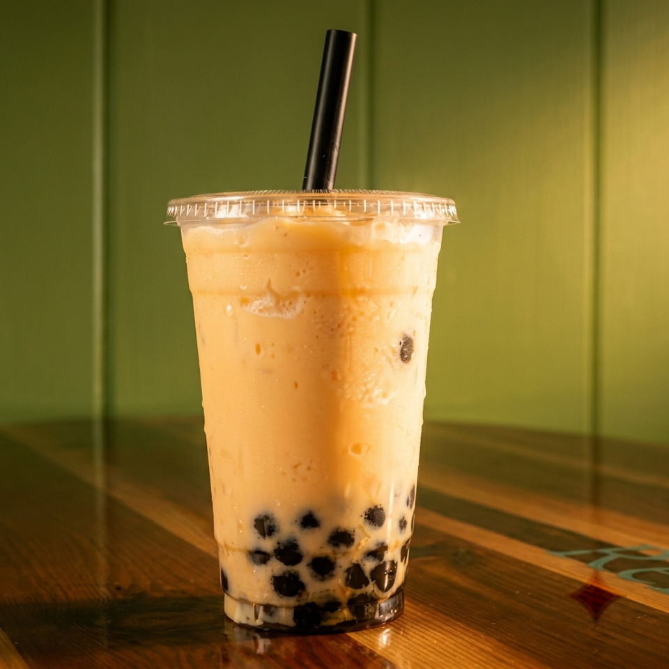 Iced milk tea with black tapioca pearls in a clear cup, set on a wooden table against a green wall.