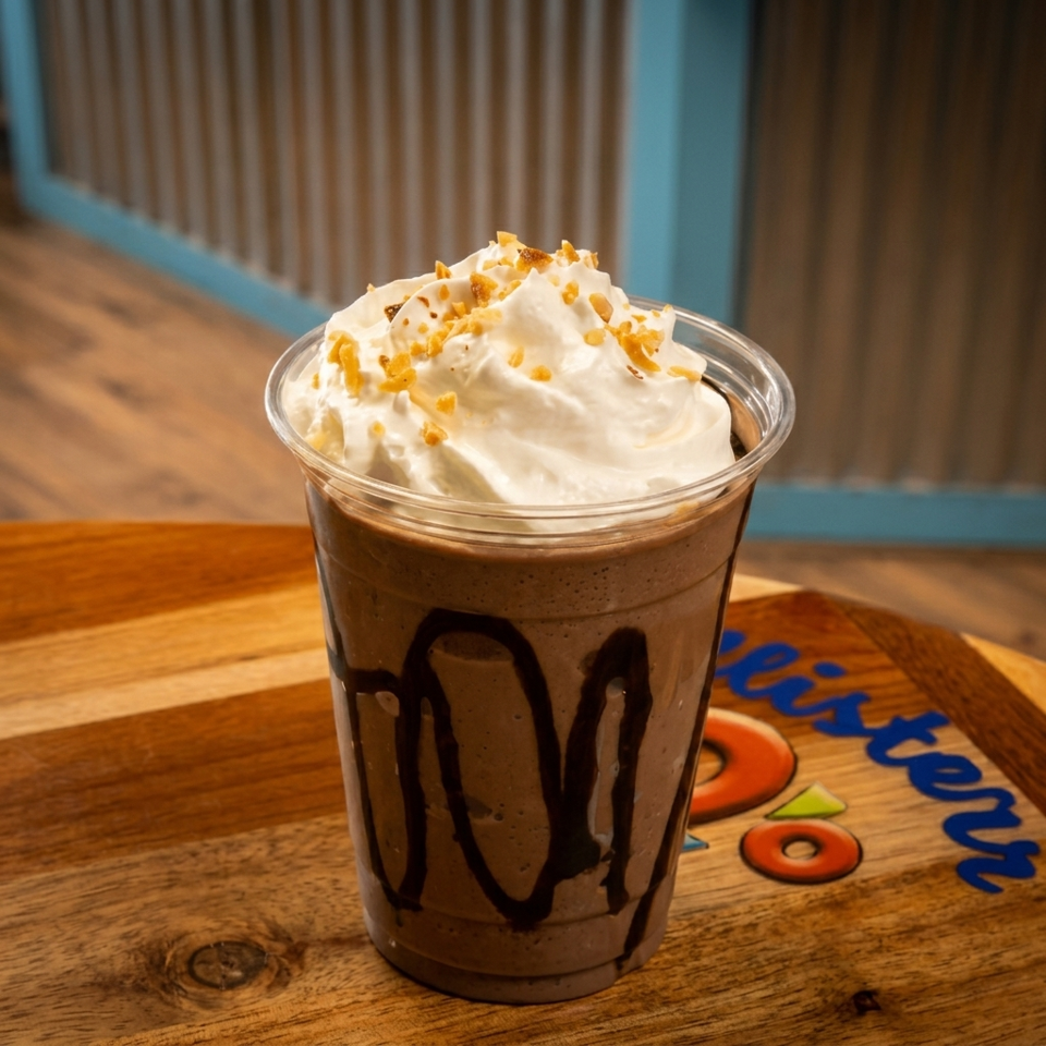 Chocolate milkshake topped with whipped cream and crushed nuts in a clear cup on a wooden restaurant table.